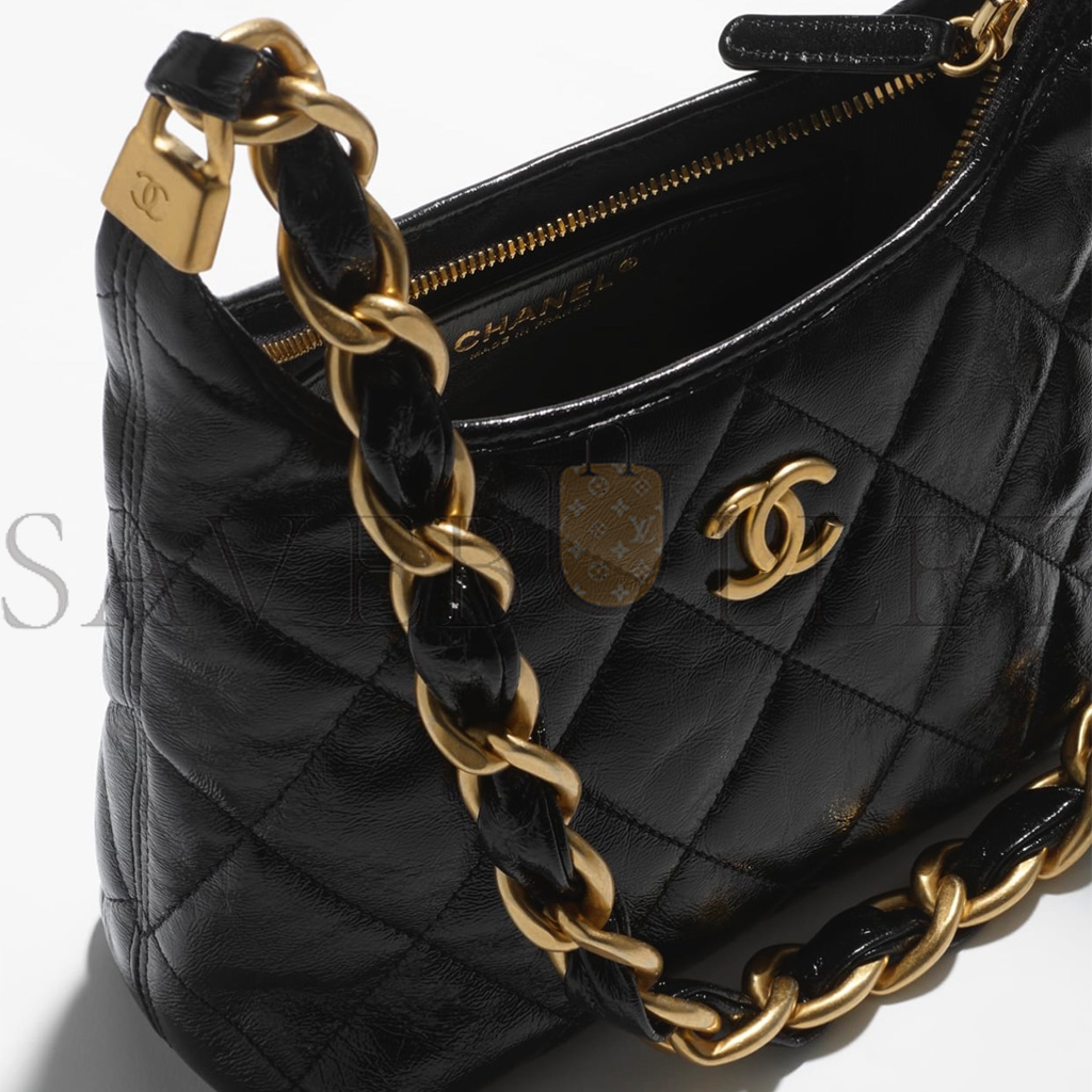 Ch*el master small hobo bagshiny lambskin goldtone metallic black as4922 (22.5*19.5*8.5cm)